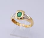 18 karaat Gouden Ring Damesring 12 Diamanten en Smaragd 17.5, Jw, Nieuw, Ophalen of Verzenden, 17 tot 18