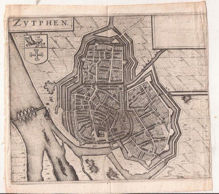 Zutphen Zvtphen Plattegrond Guicciardini 1634/1635, Antiek en Kunst, Kunst | Etsen en Gravures, Ophalen of Verzenden