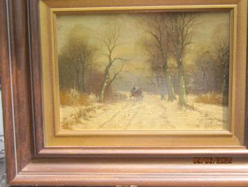 Mooi gesigneerd Wintergezicht met een Karretje op de weg beschikbaar voor biedingen