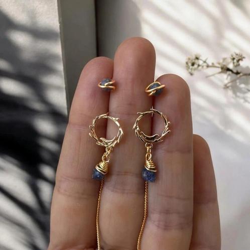 Oorbellen Set 2 paar Natuurlijke, Onbewerkte Saffier, Sieraden, Tassen en Uiterlijk, Oorbellen, Nieuw, Hangers, Zilver, Blauw