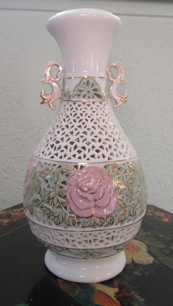 Porselein ajour lampvoet tafellamp rozen goud wit vaaslamp, Huis en Inrichting, Lampen | Tafellampen, Gebruikt, Minder dan 50 cm