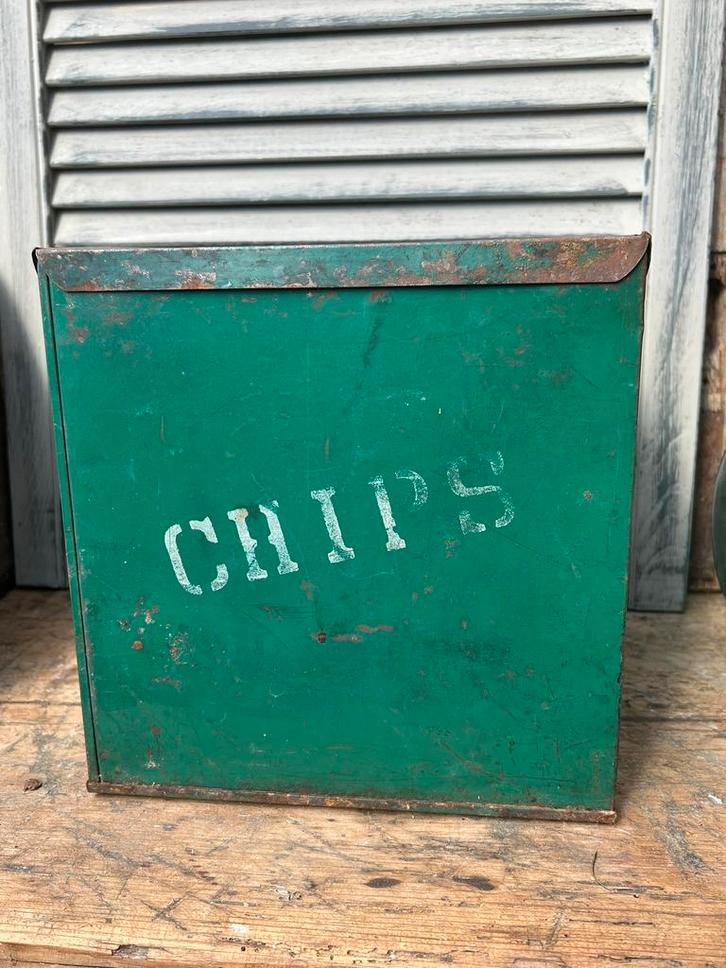 Oud groen winkelblik, chips blik, Verzamelen, Blikken, Gebruikt, Overige, Overige merken, Ophalen