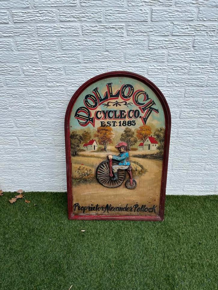 Vintage Pollock Cycle Co. Reclamebord Hout - 1883, Antiek en Kunst, Antiek | Overige Antiek, Ophalen of Verzenden