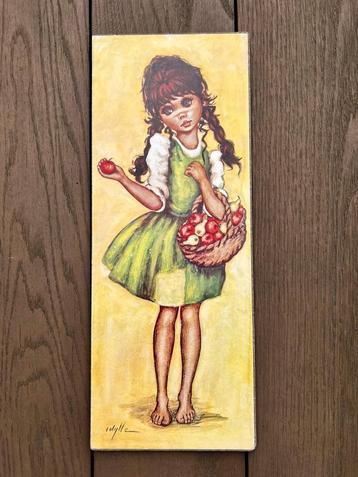Vintage print op hout big eyes Idylle meisje met appels beschikbaar voor biedingen