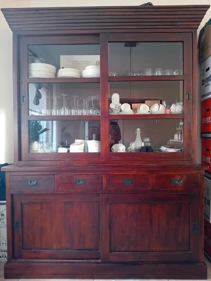 Koloniale Vitrinekast - 2 Delen - Schuifdeuren, Huis en Inrichting, Kasten | Buffetkasten, Gebruikt, 150 tot 200 cm, 150 tot 200 cm