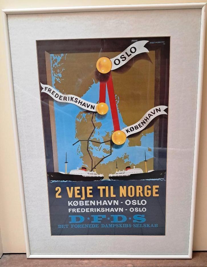 poster 1952 Rasmussen DFDS veerdienst Denemarken-Noorwegen, Verzamelen, Scheepvaart, Gebruikt, Kaart, Foto of Prent, Motorboot