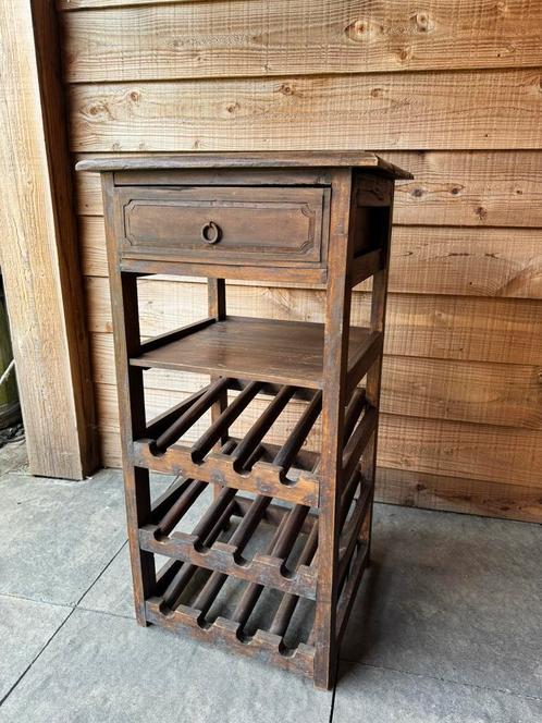 Wijnkastje teakhout met lade, Huis en Inrichting, Woonaccessoires | Wijnrekken, Gebruikt, 75 cm of meer, Hout, 5 tot 15 flessen