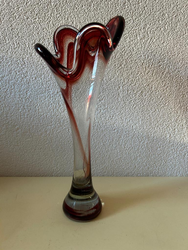 Vintage splash vaas waarschijnlijk vd Nanninga Glasfabriek, Ophalen of Verzenden, Minder dan 50 cm, Rood, Glas