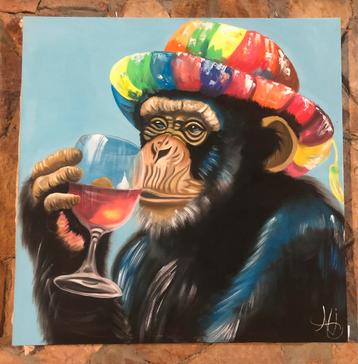 Doek met drinkende aap - Acryl verf op doek beschikbaar voor biedingen