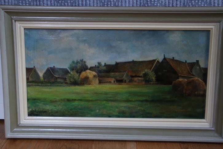 Schilderij dorp Harkema Friesland, Antiek en Kunst, Kunst | Schilderijen | Abstract, Ophalen