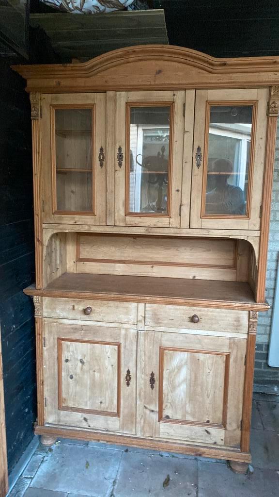 Oud grenen buffet kast glas hout 2 lades 5 deuren, Huis en Inrichting, Kasten | Buffetkasten, Gebruikt, Minder dan 100 cm, 100 tot 150 cm
