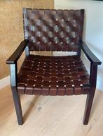 Design Fauteuil mid-century stijl met lederen banden, Huis en Inrichting, Fauteuils, Ophalen, Gebruikt, Minder dan 75 cm, Onbekend
