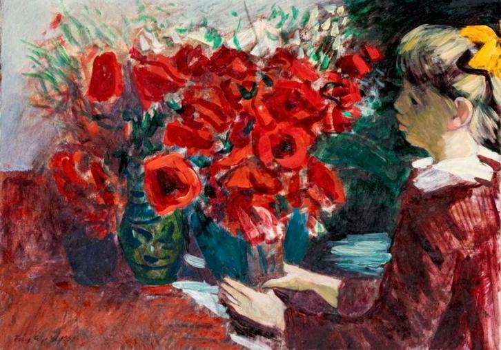 Italiaanse school (XX) - Fanciulla con fiori rossi.Gesign., Antiek en Kunst, Kunst | Schilderijen | Klassiek, Ophalen of Verzenden