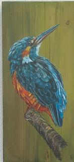 Schilderij ijsvogel op gebruikt beschilderd steigerhout, Antiek en Kunst, Verzenden