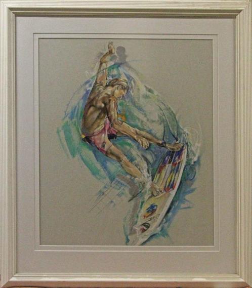 Surfboarder ingelijst 118 x 101cm / Twan van de Vorstenbosch, Antiek en Kunst, Kunst | Schilderijen | Modern, Ophalen