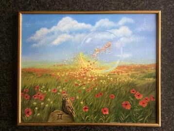 Schilderij, handgeschilderd, droom, kind, uil, bloem, vintag beschikbaar voor biedingen