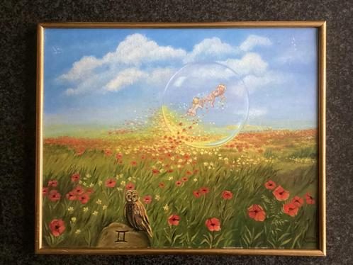 Schilderij, handgeschilderd, droom, kind, uil, bloem, vintag, Antiek en Kunst, Kunst | Schilderijen | Klassiek, Ophalen