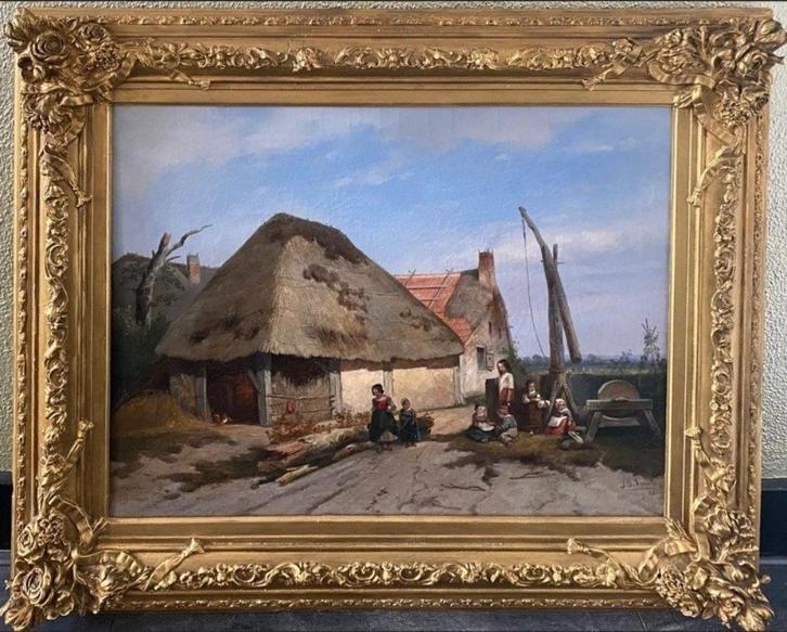 Jan Gerard Smits 1823-1910 Spelende kinderen op boerenerf., Antiek en Kunst, Kunst | Schilderijen | Klassiek, Ophalen of Verzenden