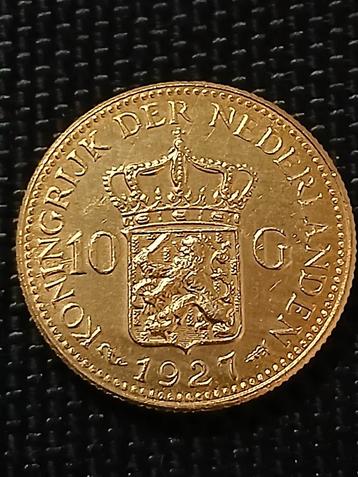 1927 10 Gulden Naslag Gouden Munt Wilhelmina tientje verguld beschikbaar voor biedingen