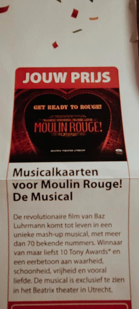 2 tickets moulin rouge de musical, Tickets en Kaartjes, Theater | Musical, Twee personen, Januari