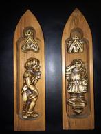 Twee vintage houten/keramische wanddecoratie M/V uit Polen, Antiek en Kunst, Kunst | Beelden en Houtsnijwerken, Ophalen of Verzenden