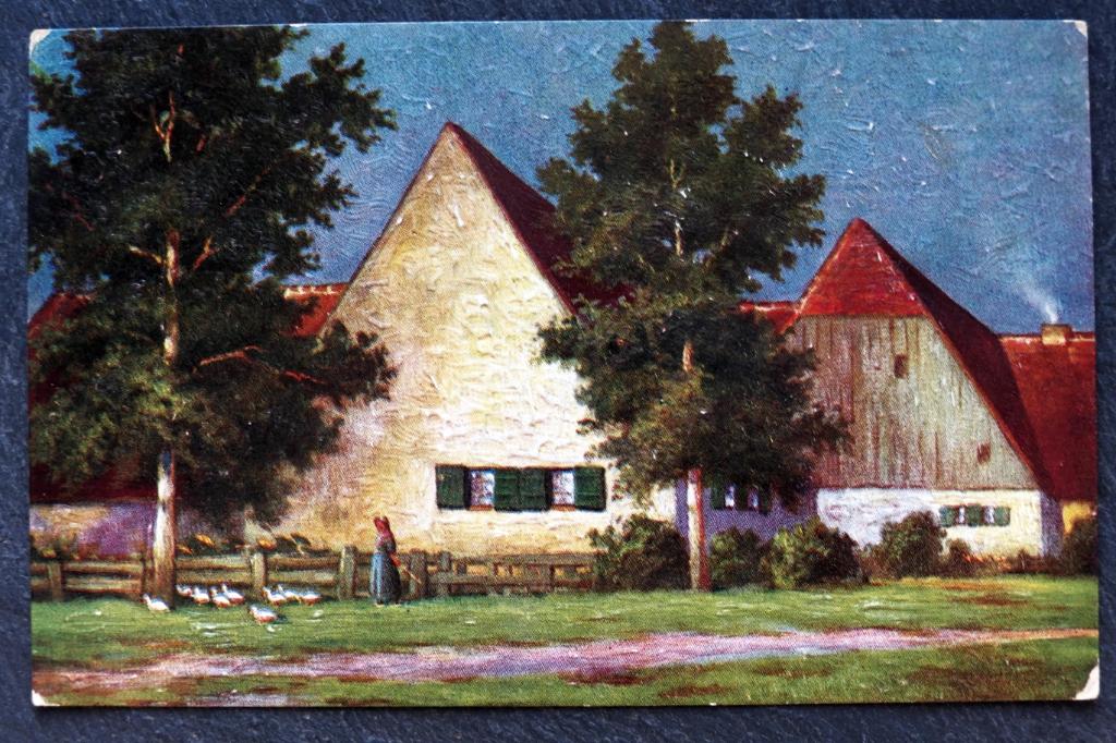 Boerin, eenden en boerderij bij ondergaande zon, 1920, Verzenden, Voor 1920, Gelopen, Natuur
