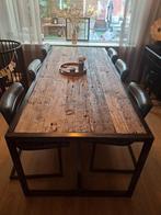 Wagonplank houten tafel, inclusief 6 lederen stoelen, Huis en Inrichting, Ophalen, Vijf personen of meer, Rechthoekig, 50 tot 100 cm