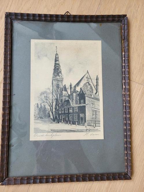 Oude kerkplein Amsterdam ets gesigneerd joh josseaud, Antiek en Kunst, Kunst | Etsen en Gravures, Ophalen of Verzenden