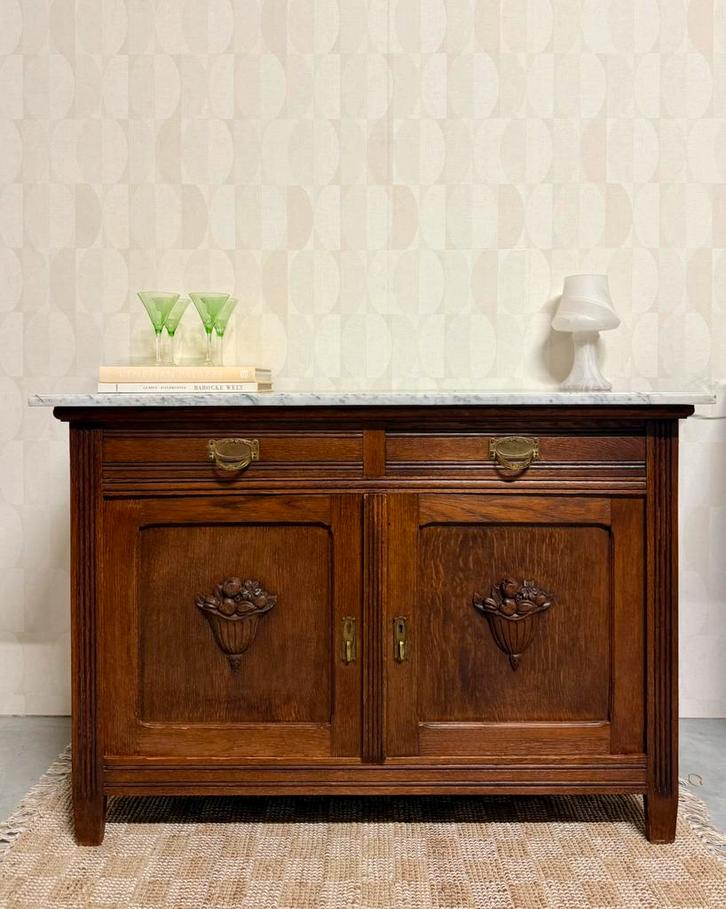 Vintage commode dressoir marmeren blad eikenhout messing, Huis en Inrichting, Kasten | Dressoirs, Zo goed als nieuw, 100 tot 150 cm