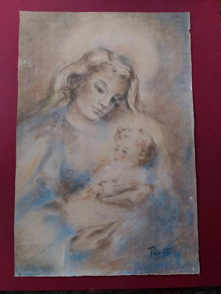Originele krijt tekening Moeder met Kind..., Antiek en Kunst, Kunst | Tekeningen en Foto's, Ophalen of Verzenden
