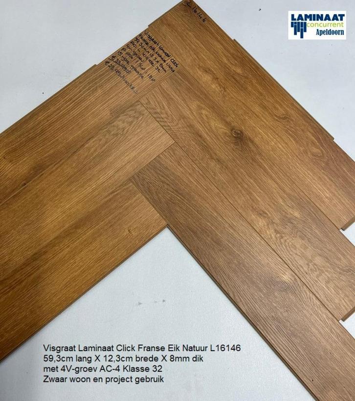 Visgraat Laminaat Franse Eik Natuur L16146 €16,95m2 inc.btw, Huis en Inrichting, Stoffering | Vloerbedekking, Nieuw, Laminaat