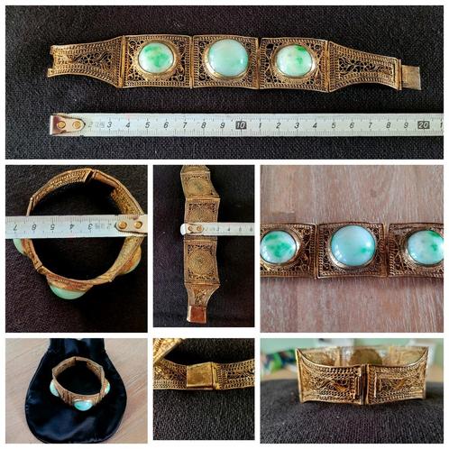 Oude prachtige Chinese armband filigrain groene nefriet/jade, Sieraden, Tassen en Uiterlijk, Antieke sieraden, Armband, Zilver