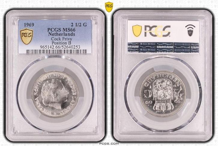 Nederland - 2½ gulden 1969 haan MS66 TOP POP VZ2-KZ2, Postzegels en Munten, Munten | Nederland, Losse munt, 2½ gulden, Koningin Juliana