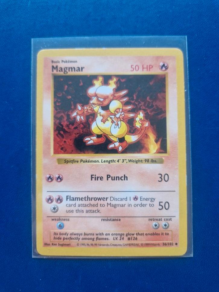 Pokemon Magmar shadowless base set kaart, Hobby en Vrije tijd, Verzamelkaartspellen | Pokémon, Zo goed als nieuw, Losse kaart