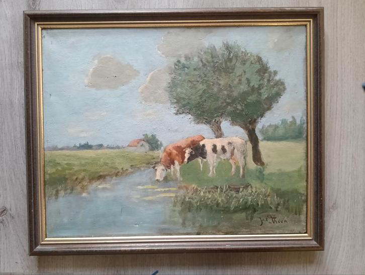 1920 - Landschap met twee koeien - Gesigneerd, Antiek en Kunst, Kunst | Schilderijen | Klassiek, Ophalen of Verzenden