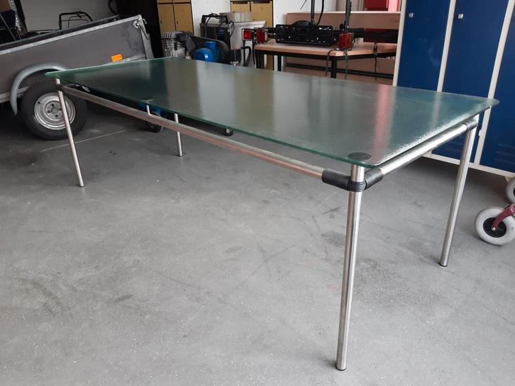 Eettafel staal met glas, Huis en Inrichting, Tafels | Eettafels, Gebruikt, 50 tot 100 cm, 200 cm of meer, Vijf personen of meer