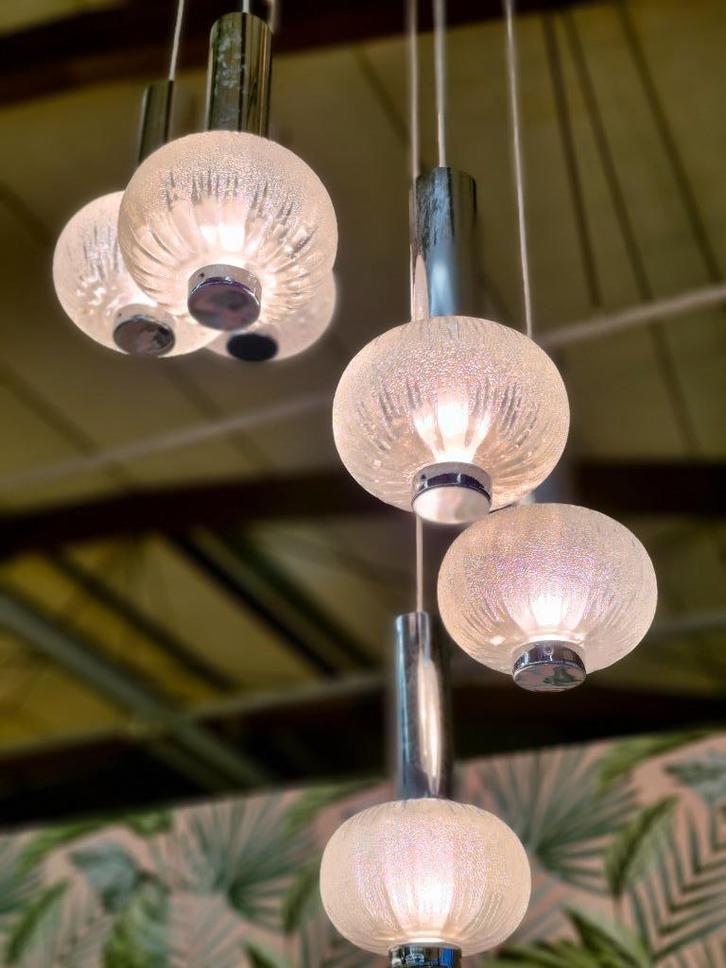 Vintage hanglamp chroom / glas bollen Sölken Leuchten, Huis en Inrichting, Lampen | Hanglampen, Gebruikt, Minder dan 50 cm, Glas