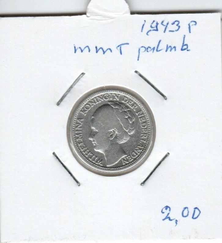 25 Cent1943pp, Postzegels en Munten, Munten | Nederland, Losse munt, 25 cent, Koningin Wilhelmina, Zilver, Ophalen of Verzenden