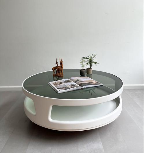 Vintage Space Age salontafel, rookglas blad, jaren 60, Huis en Inrichting, Tafels | Salontafels, Gebruikt, Minder dan 50 cm, 50 tot 100 cm