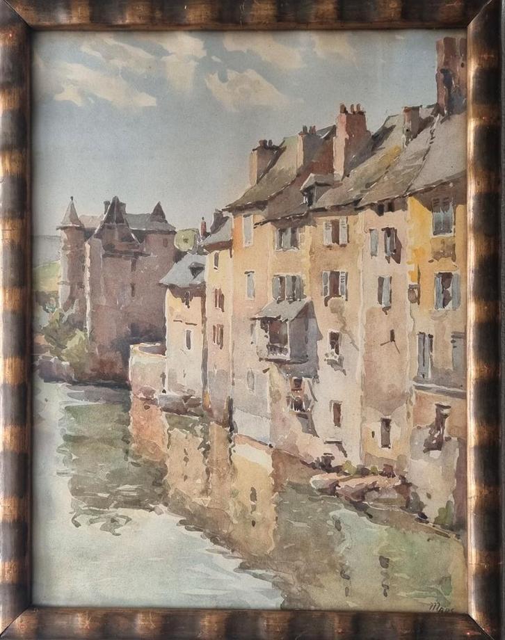 Aquarel Renaissance kasteel oude leerlooierijen de oevers, Antiek en Kunst, Kunst | Schilderijen | Klassiek, Ophalen of Verzenden