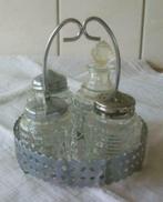 Glazen menagesetje in zilverkleurig mandje, Ophalen of Verzenden