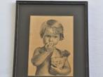Peuter jongetje met snoepzak – Ingelijste tekening uit 1934, Ophalen of Verzenden