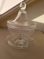 glazen pot met deksel en onderschotel, oud glas, brocante, Ophalen of Verzenden