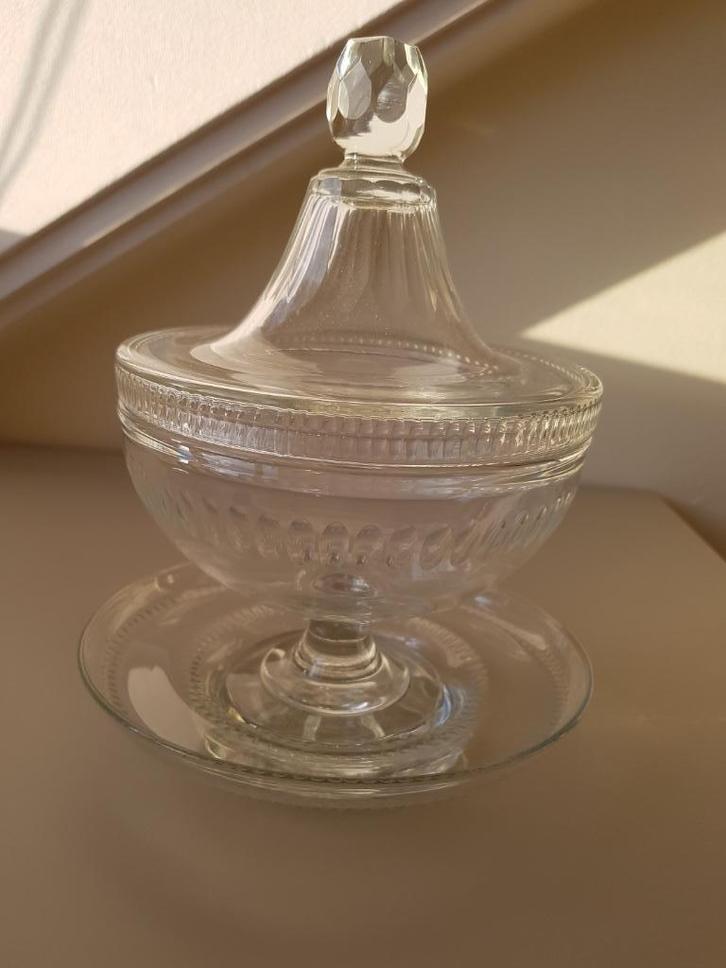 glazen pot met deksel en onderschotel, oud glas, brocante, Antiek en Kunst, Antiek | Glas en Kristal, Ophalen of Verzenden