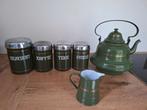 Groen emaille voorraadbussen + ketel + roomkannetje, Antiek en Kunst, Antiek | Emaille, Ophalen of Verzenden
