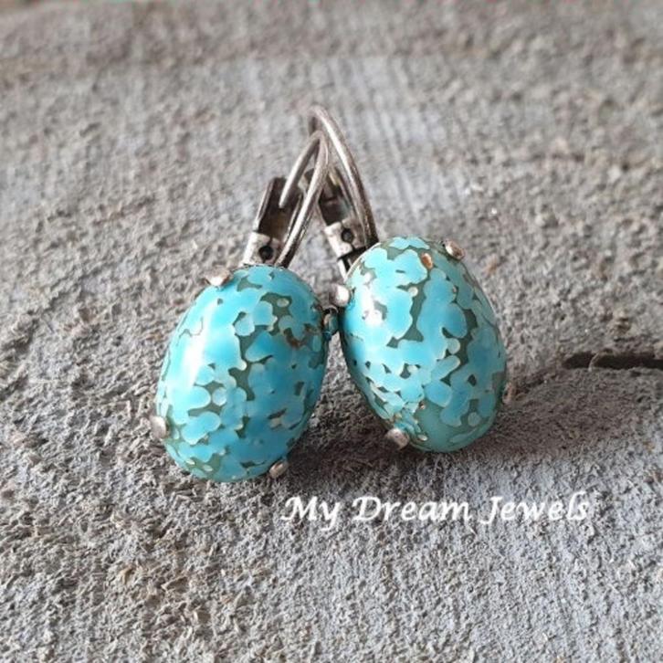 Oorbellen Ovaal Vintage Turquoise Matrix, Sieraden, Tassen en Uiterlijk, Oorbellen, Nieuw, Hangers, Overige materialen, Overige kleuren