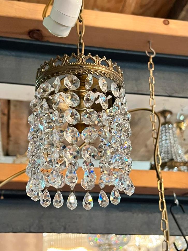 Set van 2 antiek kristal / brons hanglampjes, Huis en Inrichting, Lampen | Hanglampen, Zo goed als nieuw, 50 tot 75 cm, Glas, Metaal