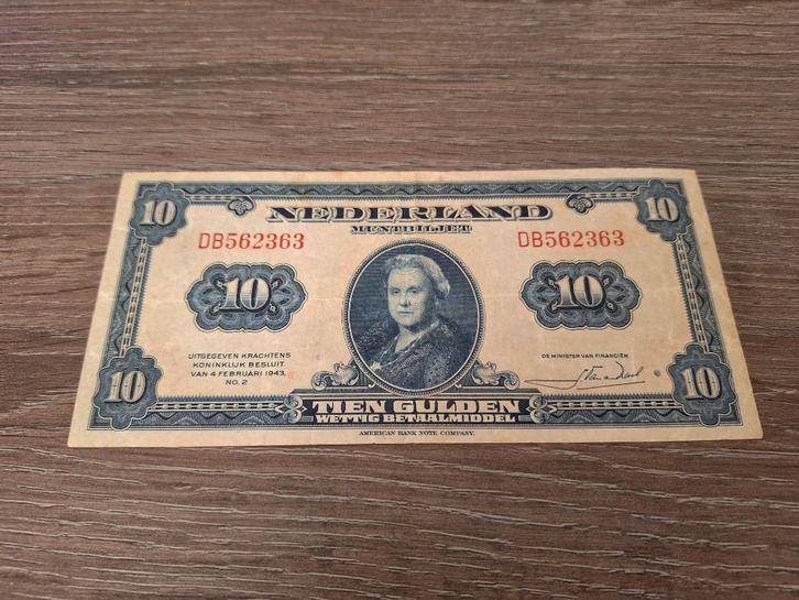 Biljet 10 gulden 1943, muntbiljet Wilhelmina, Postzegels en Munten, Bankbiljetten | Nederland, 10 gulden, Ophalen of Verzenden