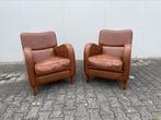 Twee gave armchairs / clubfauteuils van leer cognac kleurig, Huis en Inrichting, Fauteuils, Ophalen, Nvt, Nvt, Nvt