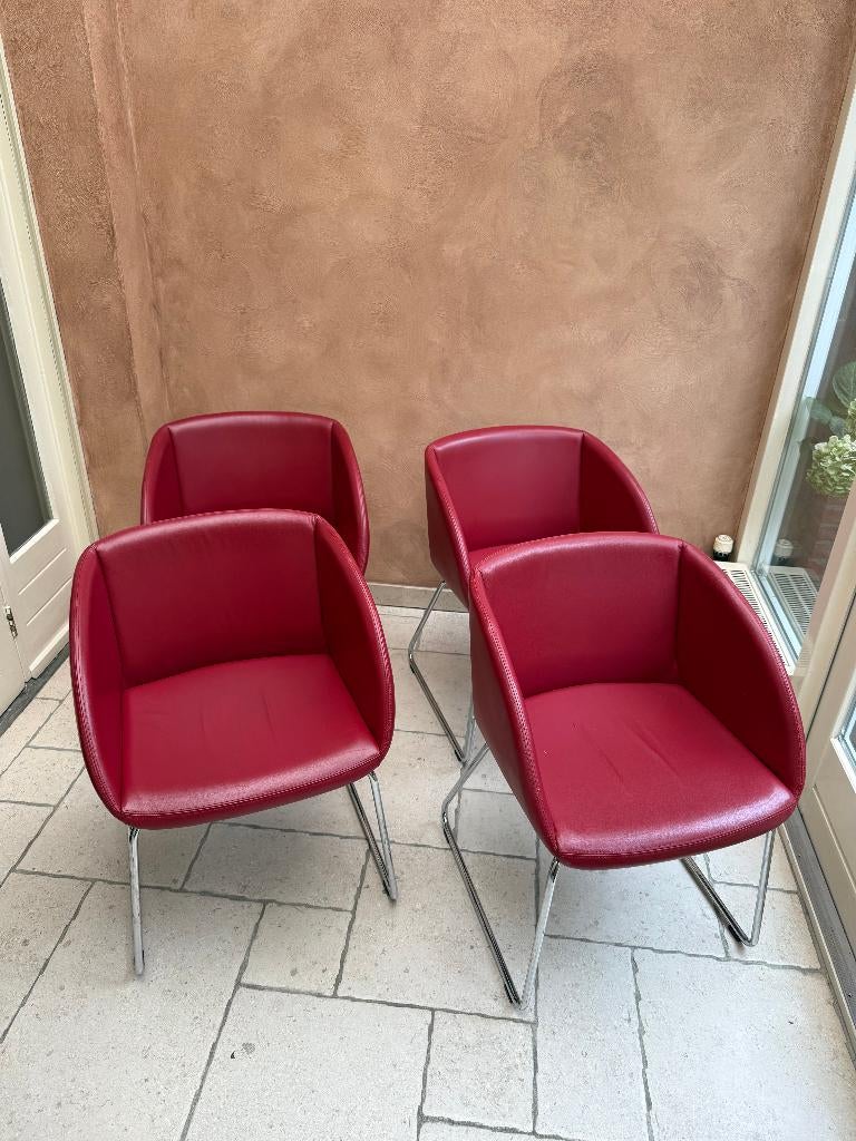 4x Hülsta rode leren design kuipstoelen, Huis en Inrichting, Stoelen, Gebruikt, Vier, Leer, Metaal, Rood, Ophalen